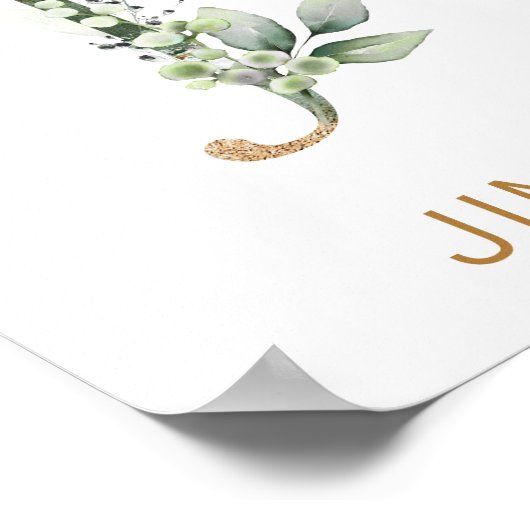 Brief J Monogram Groen goudbladerblad Nursery Poster (Hoek)