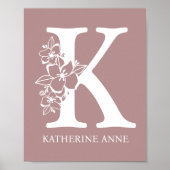 Brief K Floral Monogram Naam Nursery Modern Poster (Voorkant)