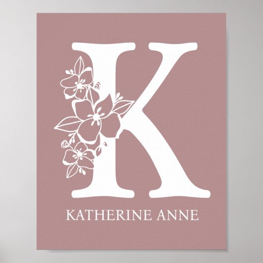 Brief K Floral Monogram Naam Nursery Modern Poster (Voorkant)