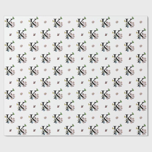 Brief K Floral Waterverf Butterfly Monogram Cadeaupapier (Vlak)