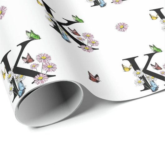 Brief K Floral Waterverf Butterfly Monogram Cadeaupapier (Rol Hoek)