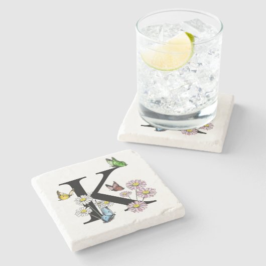 Brief K Floral Waterverf Butterfly Monogram Stenen Onderzetter (Zijkant)
