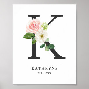 Brief K Monogram Waterverf Perzik Florals Nursery Poster