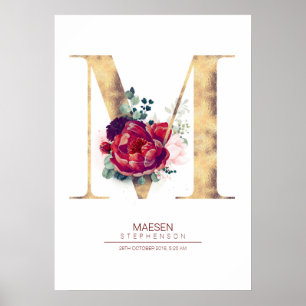 Brief M Monogram Floral Burgundy Red en Gold Poster