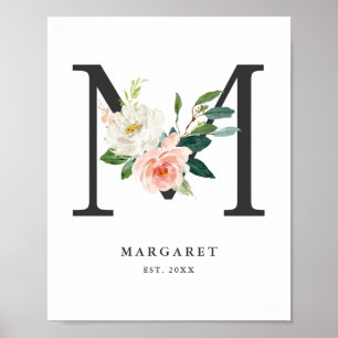 Brief M Monogram Waterverf Perzik Florals Nursery Poster