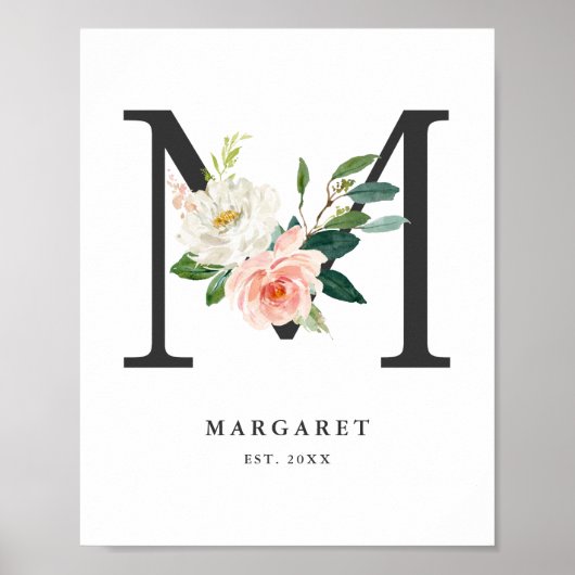 Brief M Monogram Waterverf Perzik Florals Nursery Poster (Voorkant)