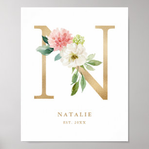 Brief N Blush Floral Monogram Gold Foil Nursery Poster