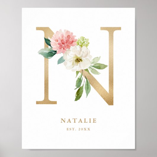 Brief N Blush Floral Monogram Gold Foil Nursery Poster (Voorkant)