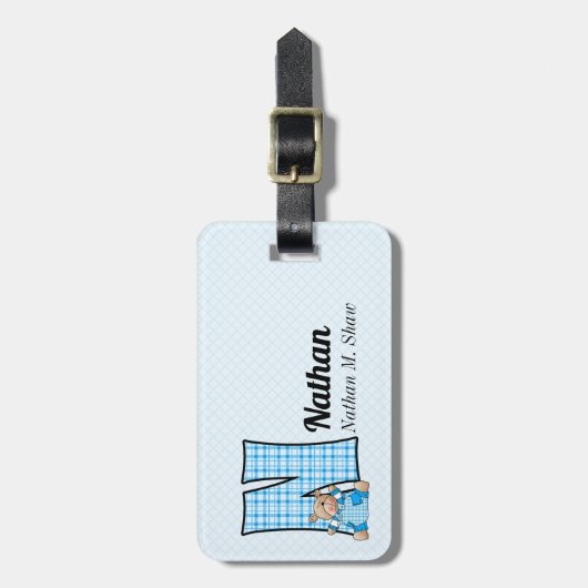Brief N met Teddy Bear in Blue Checks Bagagelabel (Voorkant verticaal)