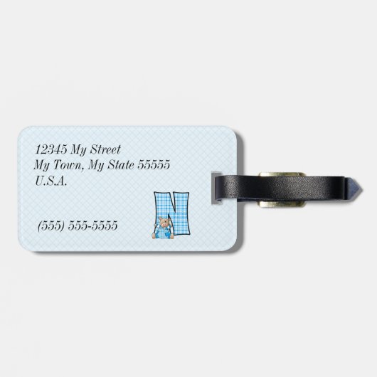 Brief N met Teddy Bear in Blue Checks Bagagelabel (Achterkant horizontaal)