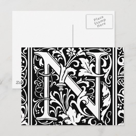 Brief N Middeleeuws Monogram Art Nouveau Briefkaart (Voorkant / Achterkant)