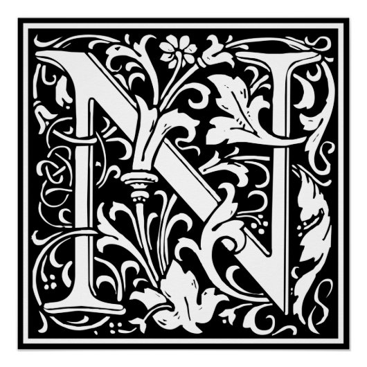 Brief N Middeleeuws Monogram Art Nouveau Poster (Voorkant)