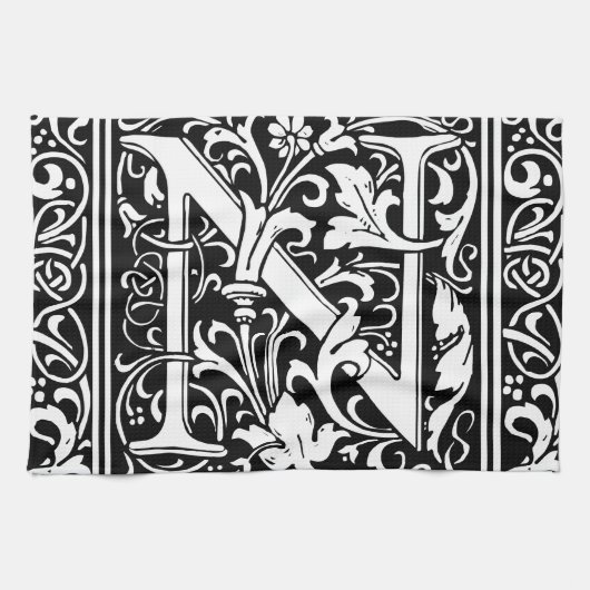 Brief N Middeleeuws Monogram Art Nouveau Theedoek (Horizontaal)