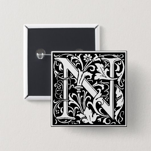 Brief N Middeleeuws Monogram Art Nouveau Vierkante Button 5,1 Cm (Voorkant /achterkant)