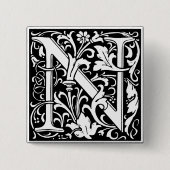 Brief N Middeleeuws Monogram Art Nouveau Vierkante Button 5,1 Cm (Voorkant)