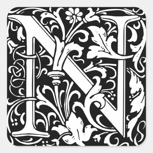 Brief N Middeleeuws Monogram Art Nouveau Vierkante Sticker (Voorkant)