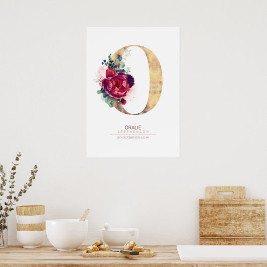 Brief O Monogram Floral Burgundy Red en Gold Poster (Keuken)