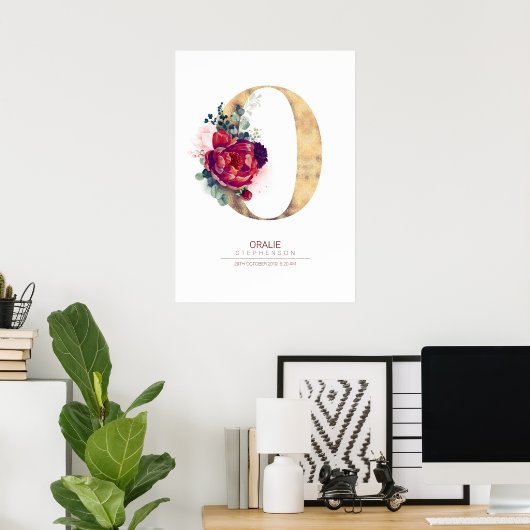 Brief O Monogram Floral Burgundy Red en Gold Poster (Thuiskantoor)