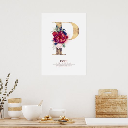 Brief P Monogram Floral Navy Blue en Burgundy Poster (Keuken)