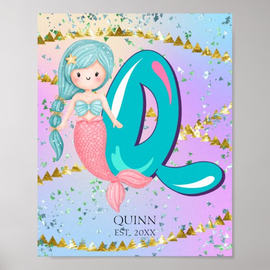 Brief Q Monogram Waterverf Cute Mermaid Nursery Poster (Voorkant)