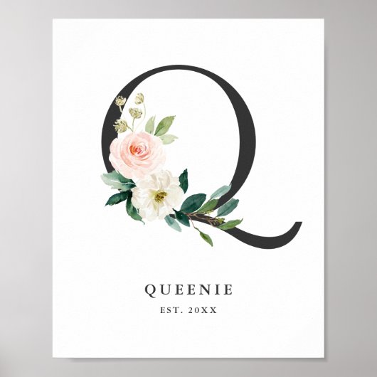 Brief Q Monogram Waterverf Perzik Florals Nursery Poster (Voorkant)