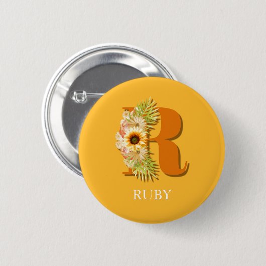 Brief R Zonnebloem Monogram met naam Ronde Button 5,7 Cm (Voorkant /achterkant)