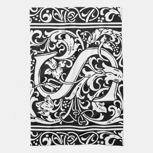 Brief S Middeleeuws Monogram Art Nouveau Theedoek (Verticaal)