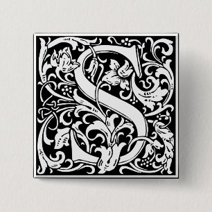 Brief S Middeleeuws Monogram Art Nouveau Vierkante Button 5,1 Cm