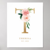Brief T Blush Floral Monogram Gold Foil Nursery Poster (Voorkant)