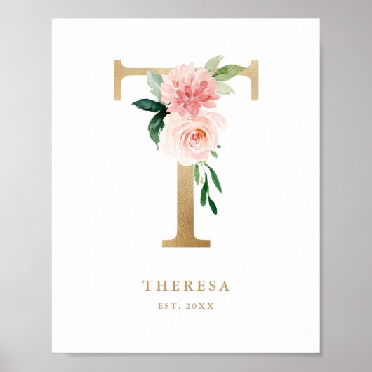 Brief T Blush Floral Monogram Gold Foil Nursery Poster (Voorkant)