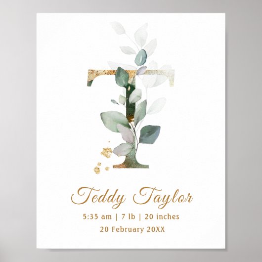 Brief T groen- en goudfolieBaby GeboortePoster Poster (Voorkant)