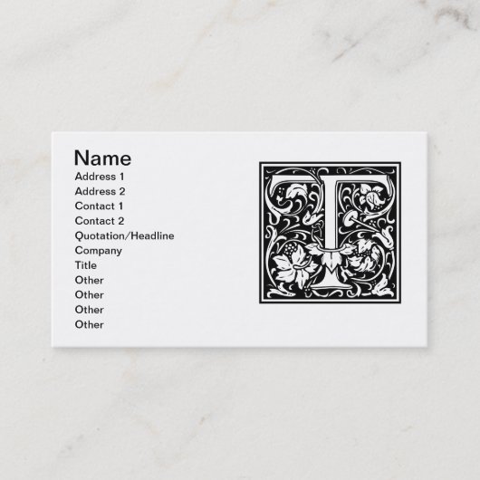 Brief T Middeleeuws Monogram Art Nouveau Visitekaartje (Voorkant)