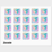 Brief T Monogram Waterverf Cute Mermaid Nursery Vierkante Sticker (Vel)