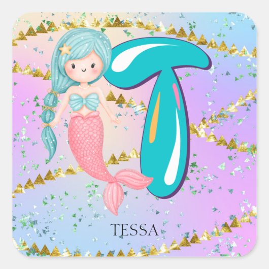 Brief T Monogram Waterverf Cute Mermaid Nursery Vierkante Sticker (Voorkant)