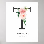 Brief T Monogram Waterverf Peach Florals Nursery Poster (Voorkant)