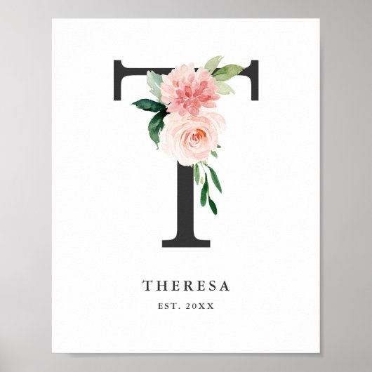 Brief T Monogram Waterverf Peach Florals Nursery Poster (Voorkant)