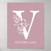 Brief V Floral Monogram Naam Nursery Modern Poster (Voorkant)