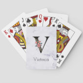 Brief "V" Floral Monogram White Marble Pokerkaarten
