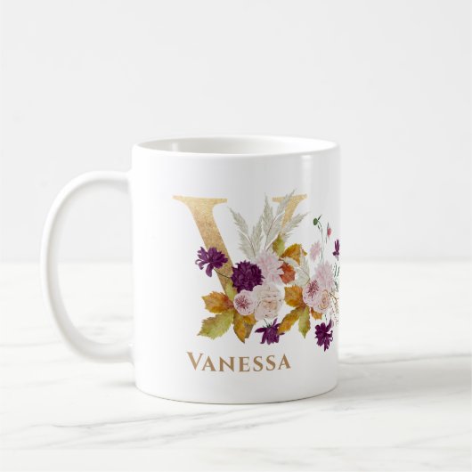 Brief V - Gold Floral Name zustercollega Koffiemok (Links)