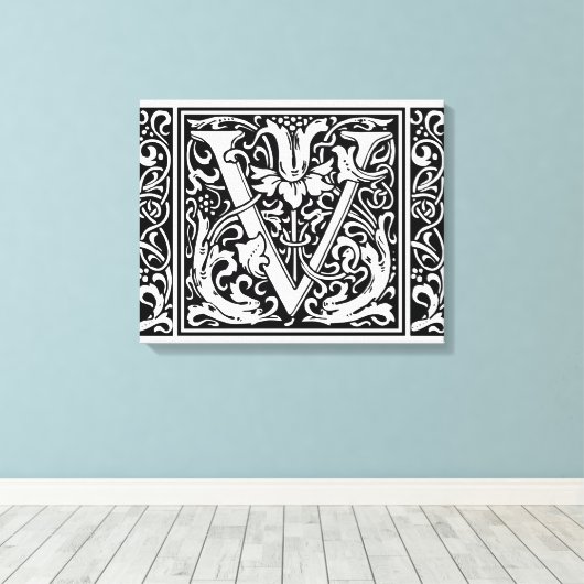 Brief V Middeleeuws Monogram Art Nouveau Canvas Afdruk (Insitu (Houten vloer))