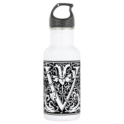 Brief V Middeleeuws Monogram Art Nouveau Waterfles (Voorkant)