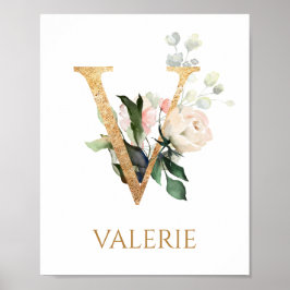 Brief V Monogram wit roos Nursery Poster
