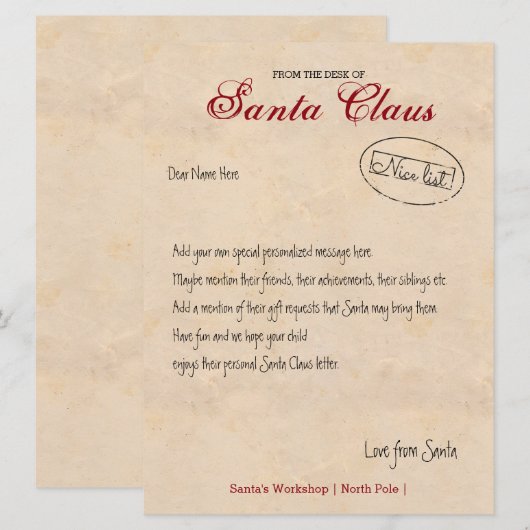 Brief van de bureau van de Santa Personalized Kaart (Voorkant / Achterkant)