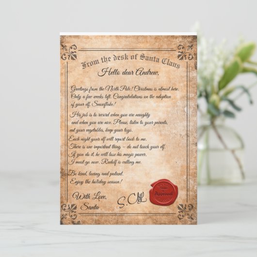 Brief van de Kerstman over de adoptie van een Elf  Kaart (Staand voorkant)