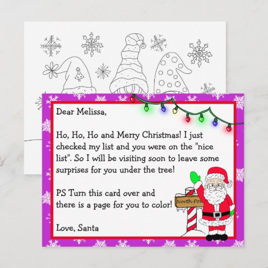 Brief van de Kerstman voor Kinderen + Kleurenpagin Briefkaart (Voorkant / Achterkant)