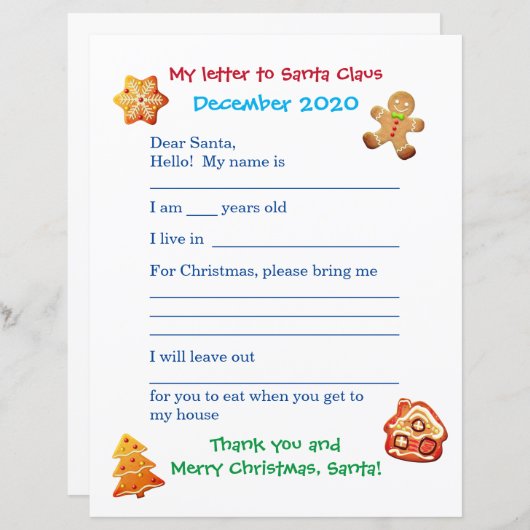 Brief van het  kind aan de Santa (Voorkant / Achterkant)