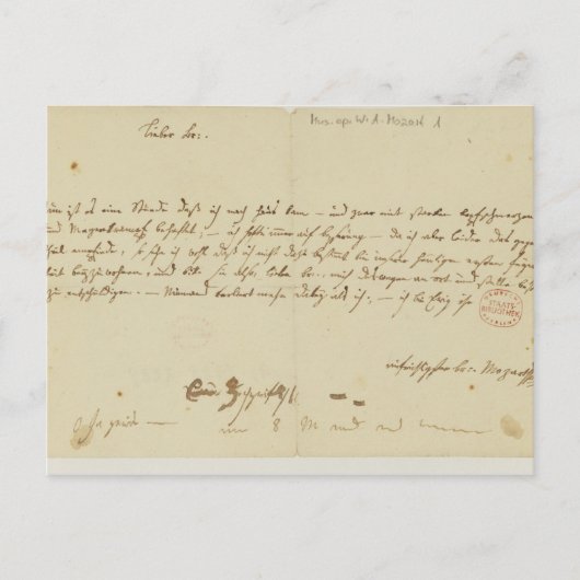 Brief van Mozart aan een hoogtepunt, januari 1786 Briefkaart (Voorkant)