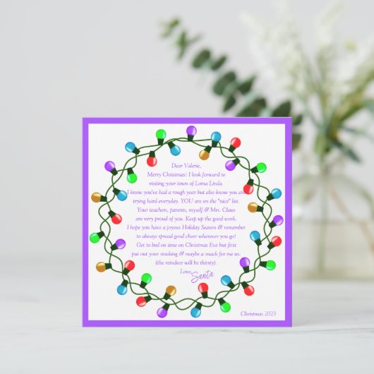 Brief van Santa Paarse thema papier blad Feestdagenkaart (Staand voorkant)