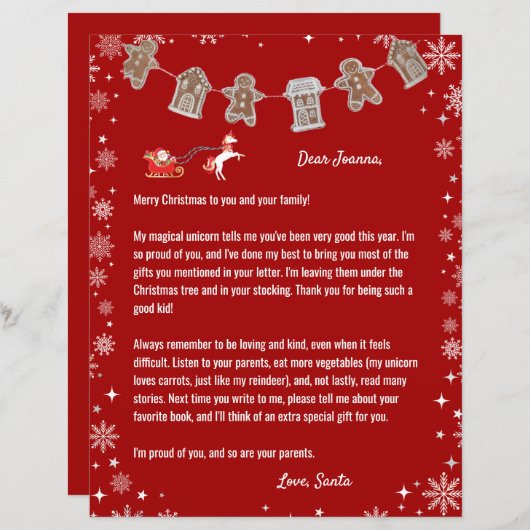 Brief van Santa Unicorn Snowflakes Red Kerstmis (Voorkant / Achterkant)