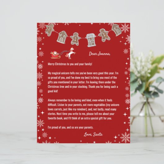 Brief van Santa Unicorn Snowflakes Red Kerstmis (Staand voorkant)
